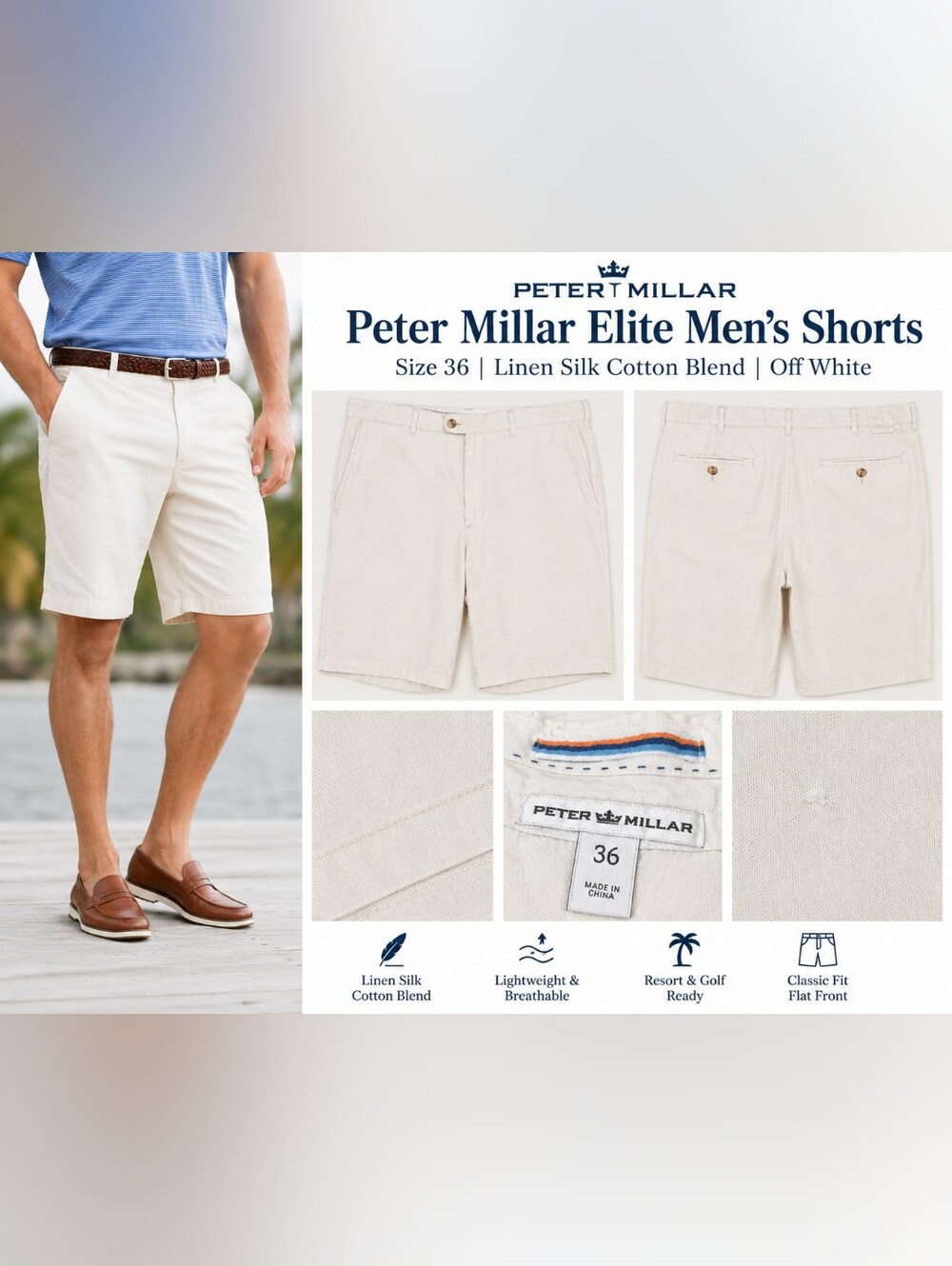 Peter Millar Elite Men's Linen Silk Cotton Flat Front Shorts Size 36 Off White